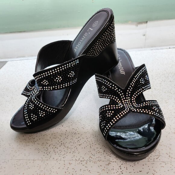 Black Rhinestone Wedge Sandals - Picture 3 of 11